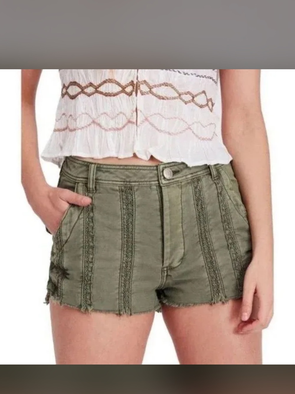 Free People Olive Green Embroidered High-Rise Jean Shorts
